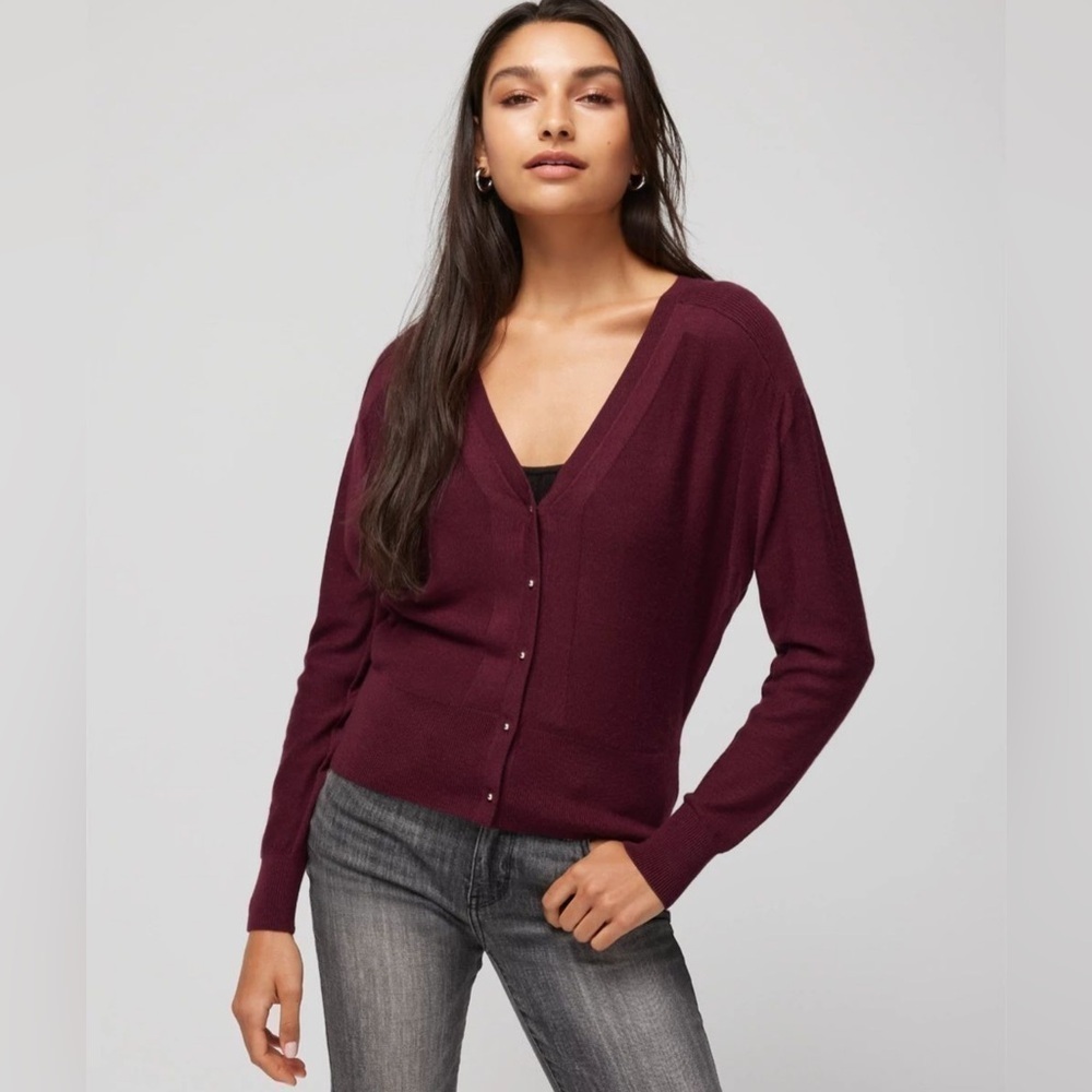 WHBM Relaxed Drop Shoulder Cashmere Blend Cardigan Sweater size medium burgundy
